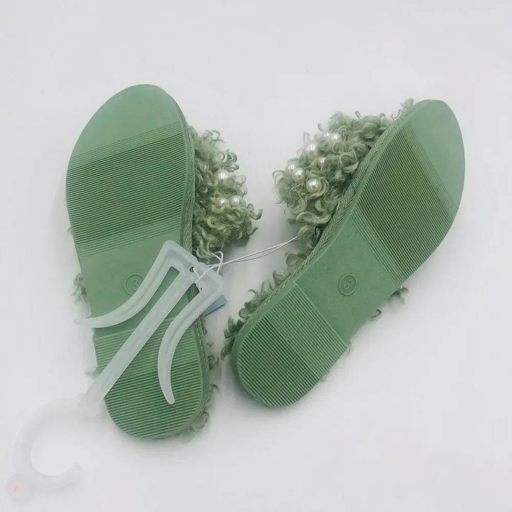 Cat and Jack‎ Girls Size 3 Fuzzy Slippers Green Faux Fur Pearls Slides